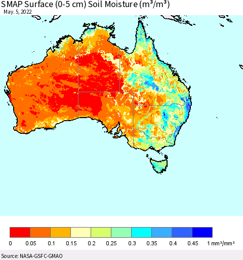 Australia SMAP Surface (0-5 cm) Soil Moisture (m³/m³) Thematic Map For 5/1/2022 - 5/5/2022