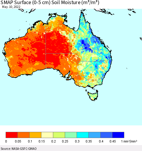 Australia SMAP Surface (0-5 cm) Soil Moisture (m³/m³) Thematic Map For 5/6/2022 - 5/10/2022