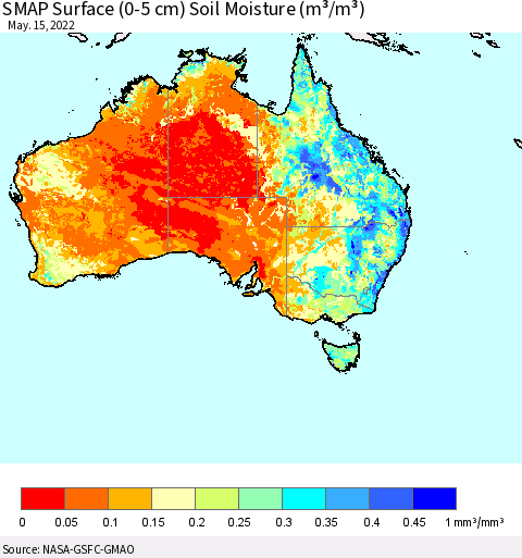 Australia SMAP Surface (0-5 cm) Soil Moisture (m³/m³) Thematic Map For 5/11/2022 - 5/15/2022