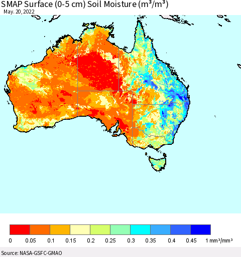 Australia SMAP Surface (0-5 cm) Soil Moisture (m³/m³) Thematic Map For 5/16/2022 - 5/20/2022