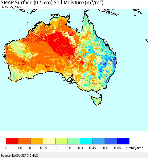 Australia SMAP Surface (0-5 cm) Soil Moisture (m³/m³) Thematic Map For 5/21/2022 - 5/25/2022