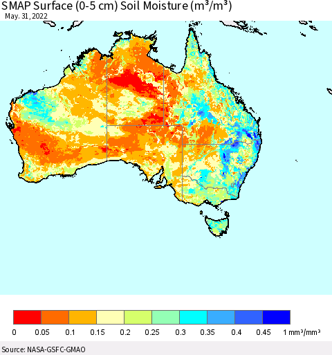 Australia SMAP Surface (0-5 cm) Soil Moisture (m³/m³) Thematic Map For 5/26/2022 - 5/31/2022