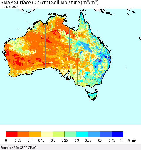 Australia SMAP Surface (0-5 cm) Soil Moisture (m³/m³) Thematic Map For 6/1/2022 - 6/5/2022