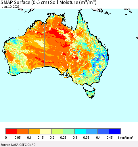 Australia SMAP Surface (0-5 cm) Soil Moisture (m³/m³) Thematic Map For 6/6/2022 - 6/10/2022