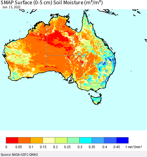 Australia SMAP Surface (0-5 cm) Soil Moisture (m³/m³) Thematic Map For 6/11/2022 - 6/15/2022