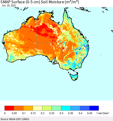 Australia SMAP Surface (0-5 cm) Soil Moisture (m³/m³) Thematic Map For 6/16/2022 - 6/20/2022