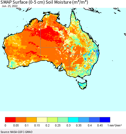 Australia SMAP Surface (0-5 cm) Soil Moisture (m³/m³) Thematic Map For 6/21/2022 - 6/25/2022