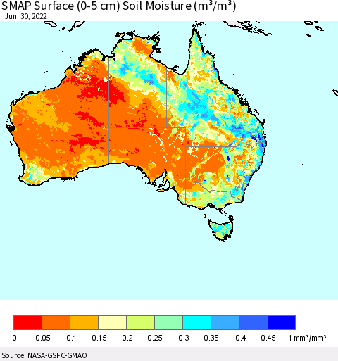 Australia SMAP Surface (0-5 cm) Soil Moisture (m³/m³) Thematic Map For 6/26/2022 - 6/30/2022