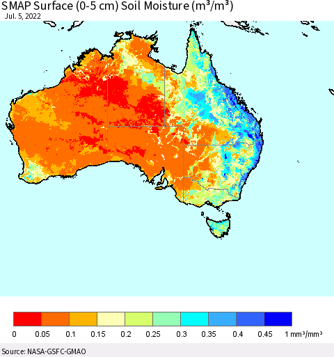 Australia SMAP Surface (0-5 cm) Soil Moisture (m³/m³) Thematic Map For 7/1/2022 - 7/5/2022