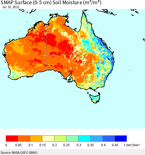 Australia SMAP Surface (0-5 cm) Soil Moisture (m³/m³) Thematic Map For 7/6/2022 - 7/10/2022