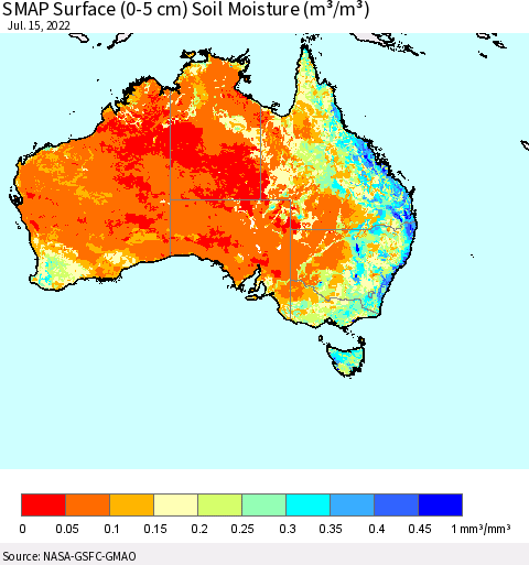 Australia SMAP Surface (0-5 cm) Soil Moisture (m³/m³) Thematic Map For 7/11/2022 - 7/15/2022