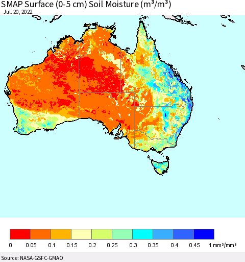 Australia SMAP Surface (0-5 cm) Soil Moisture (m³/m³) Thematic Map For 7/16/2022 - 7/20/2022