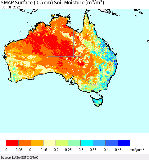 Australia SMAP Surface (0-5 cm) Soil Moisture (m³/m³) Thematic Map For 7/26/2022 - 7/31/2022