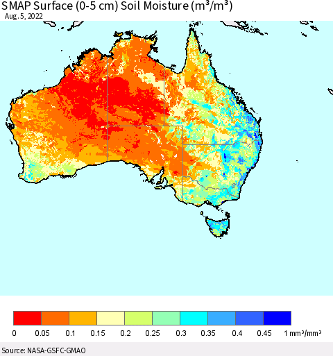 Australia SMAP Surface (0-5 cm) Soil Moisture (m³/m³) Thematic Map For 8/1/2022 - 8/5/2022