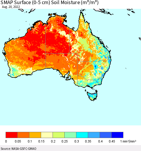 Australia SMAP Surface (0-5 cm) Soil Moisture (m³/m³) Thematic Map For 8/16/2022 - 8/20/2022