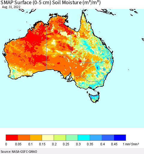 Australia SMAP Surface (0-5 cm) Soil Moisture (m³/m³) Thematic Map For 8/26/2022 - 8/31/2022