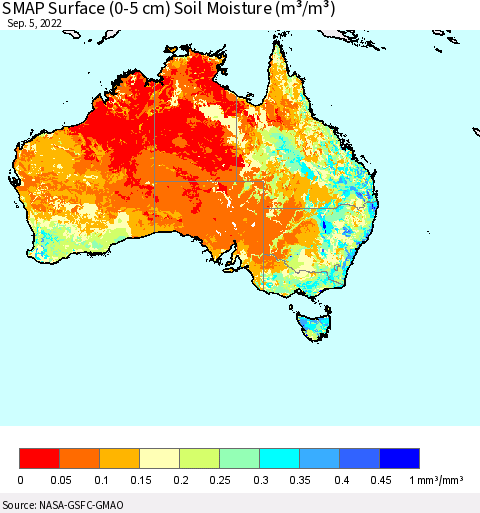 Australia SMAP Surface (0-5 cm) Soil Moisture (m³/m³) Thematic Map For 9/1/2022 - 9/5/2022