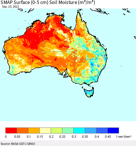 Australia SMAP Surface (0-5 cm) Soil Moisture (m³/m³) Thematic Map For 9/6/2022 - 9/10/2022