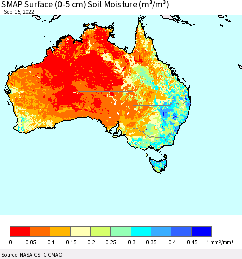 Australia SMAP Surface (0-5 cm) Soil Moisture (m³/m³) Thematic Map For 9/11/2022 - 9/15/2022