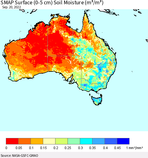 Australia SMAP Surface (0-5 cm) Soil Moisture (m³/m³) Thematic Map For 9/16/2022 - 9/20/2022