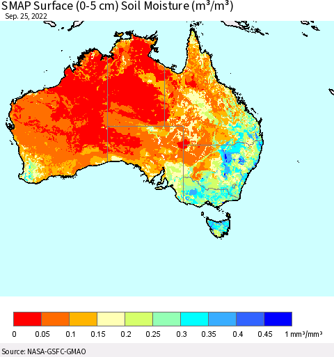 Australia SMAP Surface (0-5 cm) Soil Moisture (m³/m³) Thematic Map For 9/21/2022 - 9/25/2022