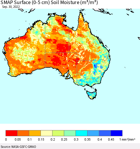Australia SMAP Surface (0-5 cm) Soil Moisture (m³/m³) Thematic Map For 9/26/2022 - 9/30/2022