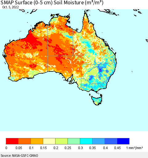 Australia SMAP Surface (0-5 cm) Soil Moisture (m³/m³) Thematic Map For 10/1/2022 - 10/5/2022