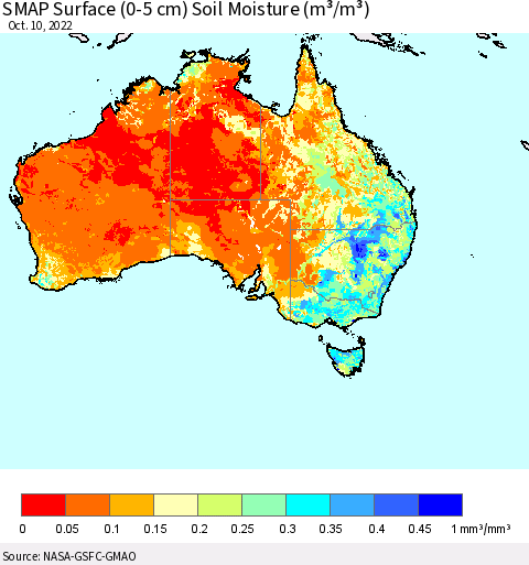 Australia SMAP Surface (0-5 cm) Soil Moisture (m³/m³) Thematic Map For 10/6/2022 - 10/10/2022