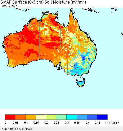 Australia SMAP Surface (0-5 cm) Soil Moisture (m³/m³) Thematic Map For 10/11/2022 - 10/15/2022
