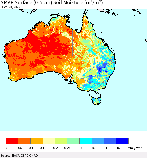 Australia SMAP Surface (0-5 cm) Soil Moisture (m³/m³) Thematic Map For 10/16/2022 - 10/20/2022