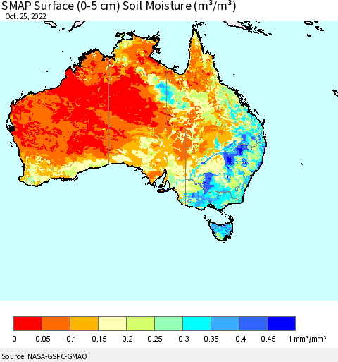 Australia SMAP Surface (0-5 cm) Soil Moisture (m³/m³) Thematic Map For 10/21/2022 - 10/25/2022