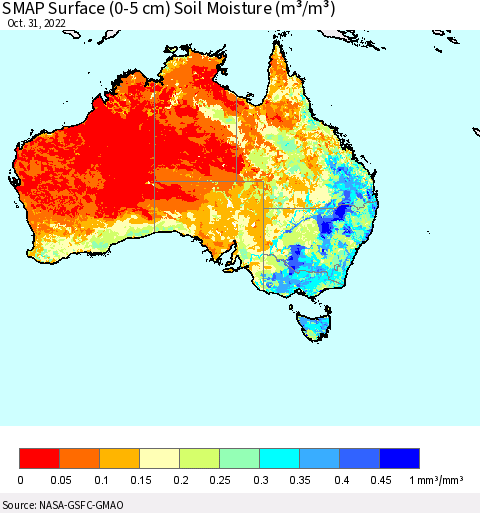 Australia SMAP Surface (0-5 cm) Soil Moisture (m³/m³) Thematic Map For 10/26/2022 - 10/31/2022