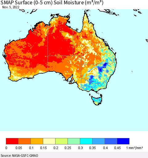Australia SMAP Surface (0-5 cm) Soil Moisture (m³/m³) Thematic Map For 11/1/2022 - 11/5/2022