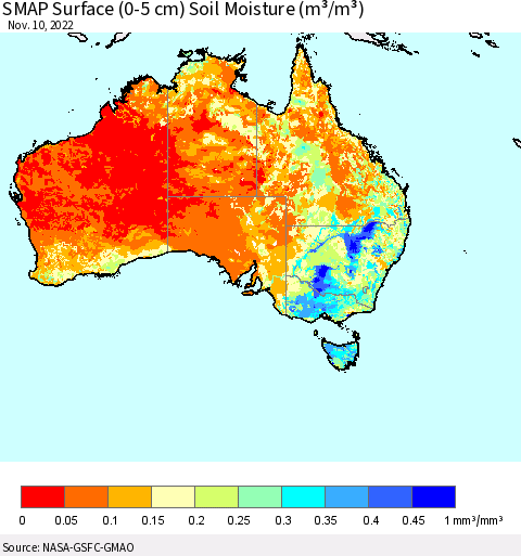 Australia SMAP Surface (0-5 cm) Soil Moisture (m³/m³) Thematic Map For 11/6/2022 - 11/10/2022