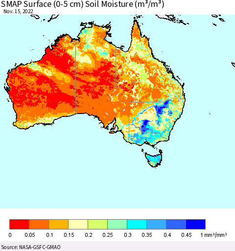 Australia SMAP Surface (0-5 cm) Soil Moisture (m³/m³) Thematic Map For 11/11/2022 - 11/15/2022