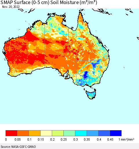Australia SMAP Surface (0-5 cm) Soil Moisture (m³/m³) Thematic Map For 11/16/2022 - 11/20/2022