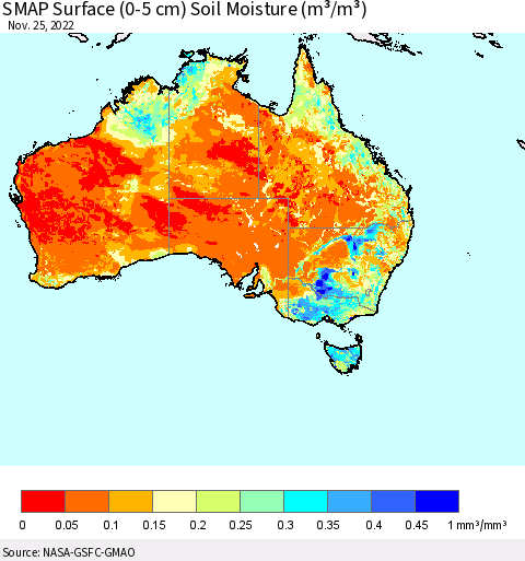 Australia SMAP Surface (0-5 cm) Soil Moisture (m³/m³) Thematic Map For 11/21/2022 - 11/25/2022