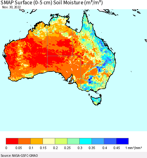 Australia SMAP Surface (0-5 cm) Soil Moisture (m³/m³) Thematic Map For 11/26/2022 - 11/30/2022