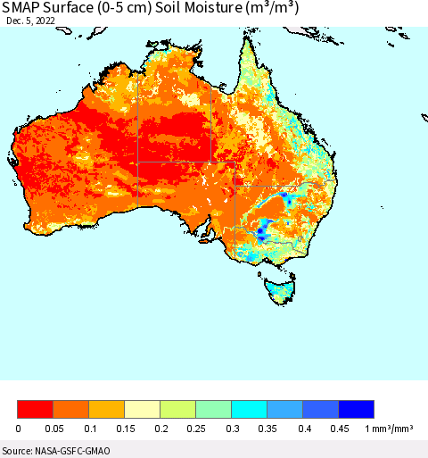 Australia SMAP Surface (0-5 cm) Soil Moisture (m³/m³) Thematic Map For 12/1/2022 - 12/5/2022