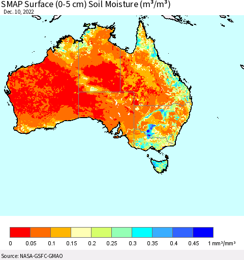 Australia SMAP Surface (0-5 cm) Soil Moisture (m³/m³) Thematic Map For 12/6/2022 - 12/10/2022