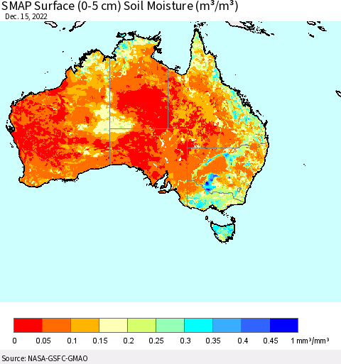 Australia SMAP Surface (0-5 cm) Soil Moisture (m³/m³) Thematic Map For 12/11/2022 - 12/15/2022