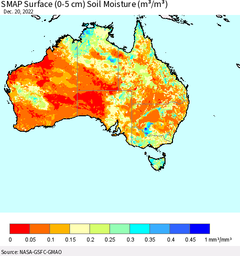 Australia SMAP Surface (0-5 cm) Soil Moisture (m³/m³) Thematic Map For 12/16/2022 - 12/20/2022