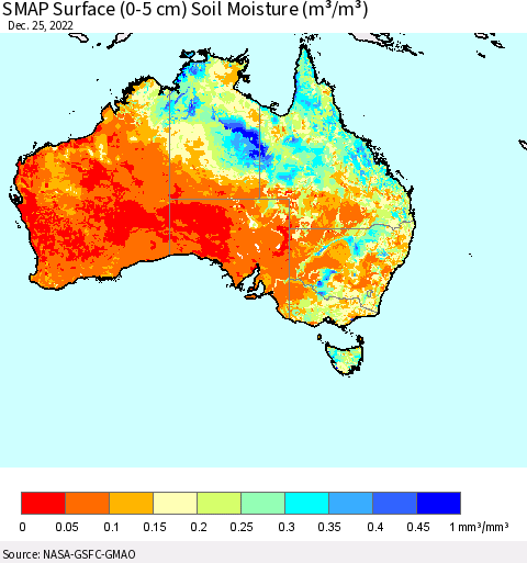 Australia SMAP Surface (0-5 cm) Soil Moisture (m³/m³) Thematic Map For 12/21/2022 - 12/25/2022