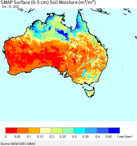 Australia SMAP Surface (0-5 cm) Soil Moisture (m³/m³) Thematic Map For 12/26/2022 - 12/31/2022