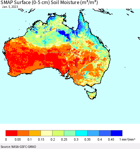 Australia SMAP Surface (0-5 cm) Soil Moisture (m³/m³) Thematic Map For 1/1/2023 - 1/5/2023