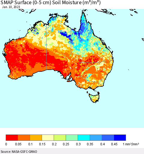 Australia SMAP Surface (0-5 cm) Soil Moisture (m³/m³) Thematic Map For 1/6/2023 - 1/10/2023