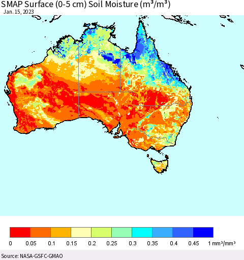 Australia SMAP Surface (0-5 cm) Soil Moisture (m³/m³) Thematic Map For 1/11/2023 - 1/15/2023