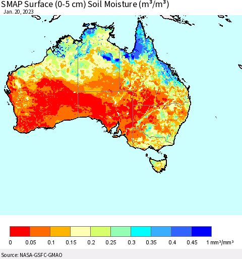 Australia SMAP Surface (0-5 cm) Soil Moisture (m³/m³) Thematic Map For 1/16/2023 - 1/20/2023