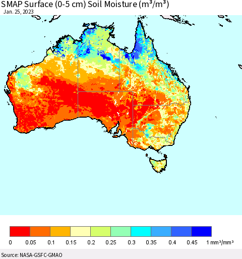 Australia SMAP Surface (0-5 cm) Soil Moisture (m³/m³) Thematic Map For 1/21/2023 - 1/25/2023
