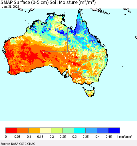 Australia SMAP Surface (0-5 cm) Soil Moisture (m³/m³) Thematic Map For 1/26/2023 - 1/31/2023